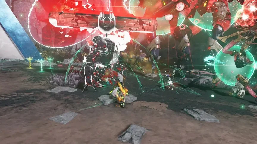 プレイヤーキャラクターと敵、赤い構造物