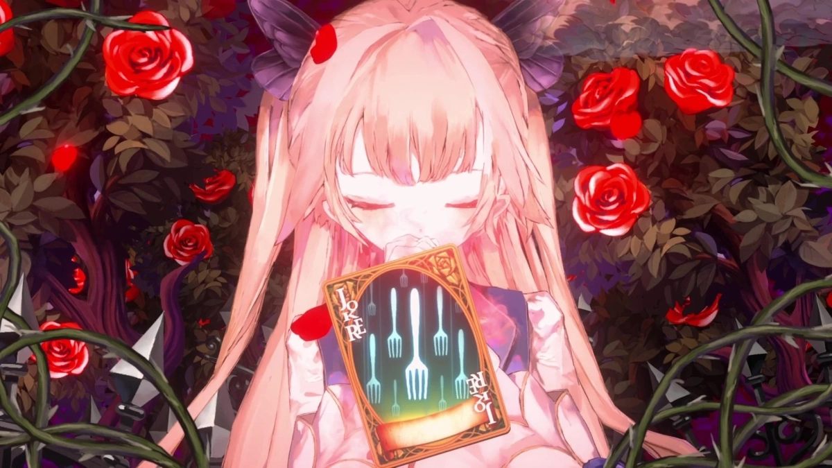 ピンクの髪の少女が目を閉じ、フォークが描かれたジョーカーのカードを手にしています。周囲は赤いバラと蔓が絡み合う暗い森のようです。