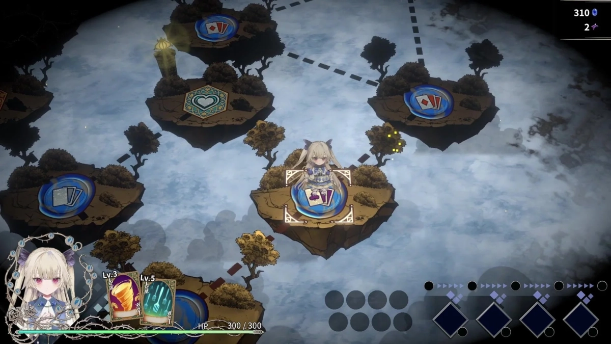 浮島が点在する幻想的なマップ画面で、中央の浮島に可愛らしいアニメキャラクターが立っています。HPやレベル表示、資源カウンターなどのゲームUI要素が見られます。