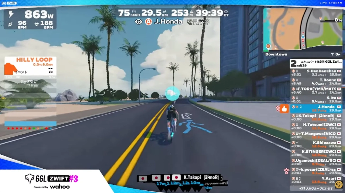 Zwiftのバーチャルサイクリングレースのライブ配信画面