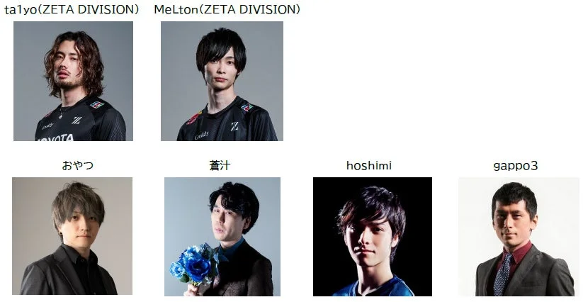 男性6人の顔写真が並べられた画像です。上段の2人はZETA DIVISION所属のta1yoとMeLtonで、eスポーツ選手やストリーマーのプロフィール写真のようです。
