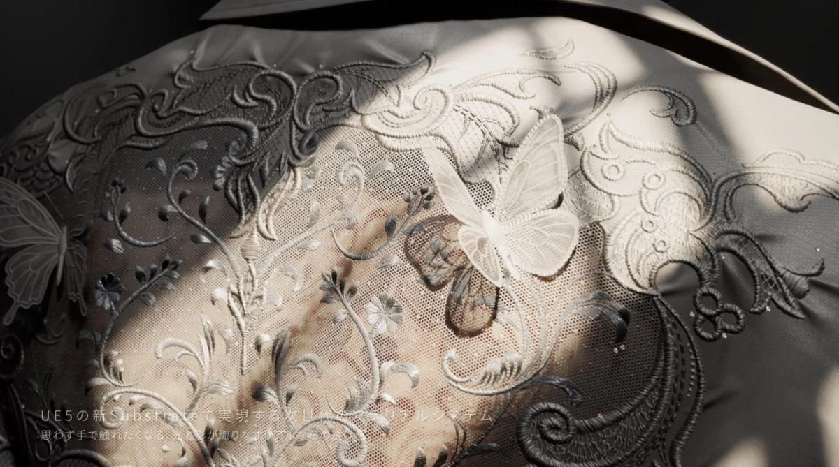 刺繍と蝶のアップリケが施された布地