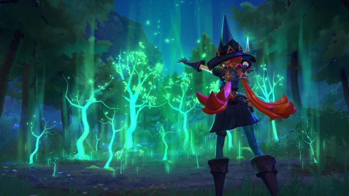 暗く幻想的な森の中に立つ魔女のようなキャラクター。