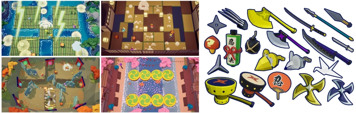 複数のゲームスクリーンショットと武器アイテム