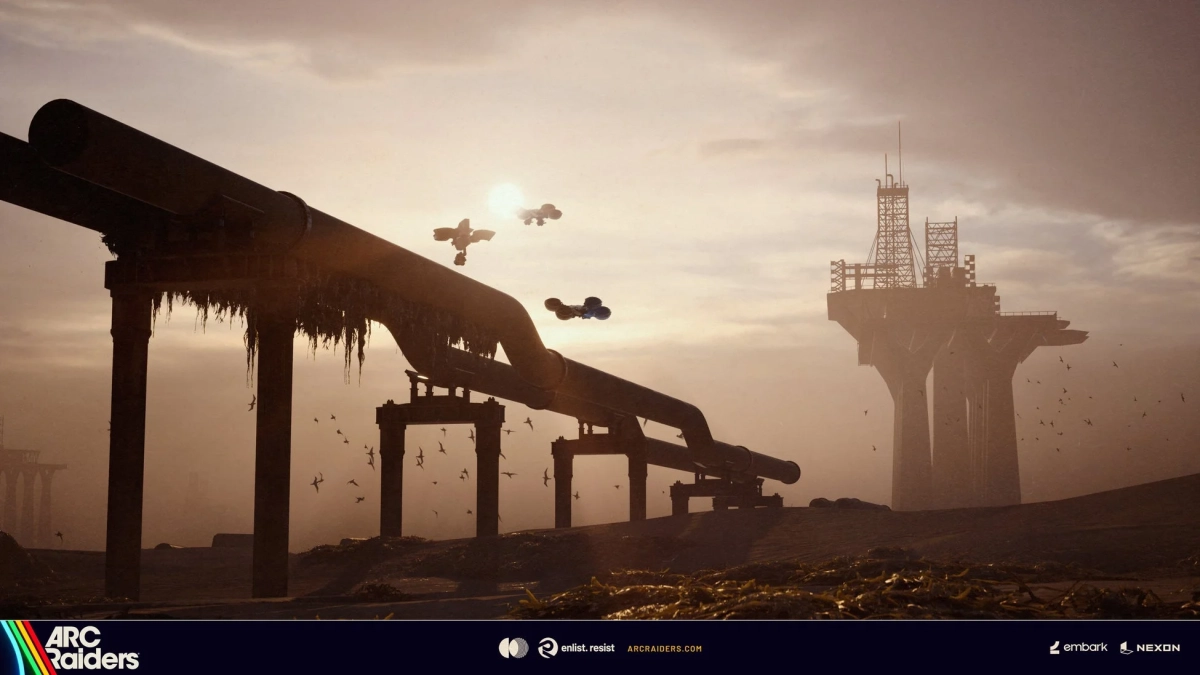 巨大なパイプラインと飛行物体