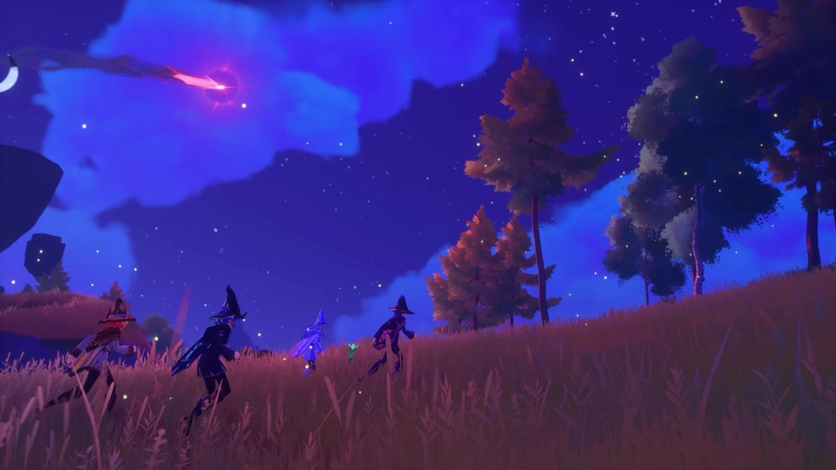 幻想的な夜の風景で、数人の魔女のようなキャラクターたちが星空の下、光る物体を追いかけるように草の生い茂る丘を駆けています。