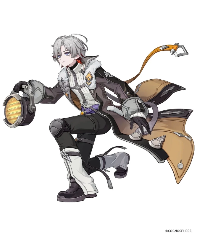 銀髪と紫の瞳を持つアニメ風の男性キャラクターが、探検家のような服装で、光るランタンを手に前傾姿勢で立っています。