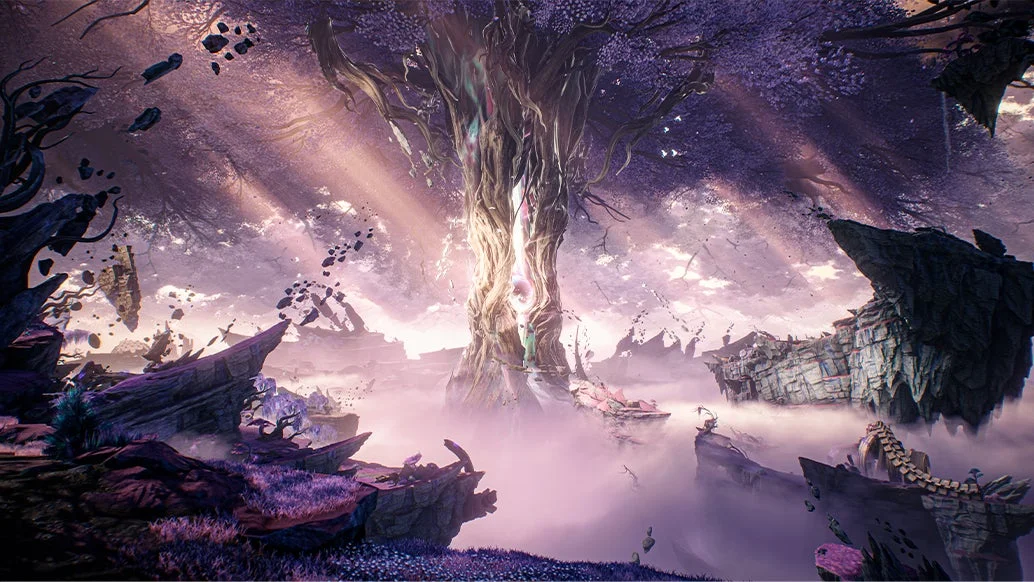 幻想的な巨木と浮島が描かれた異世界の風景