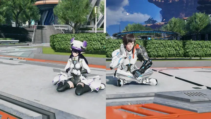 未来都市の屋外で座るキャラクター2人