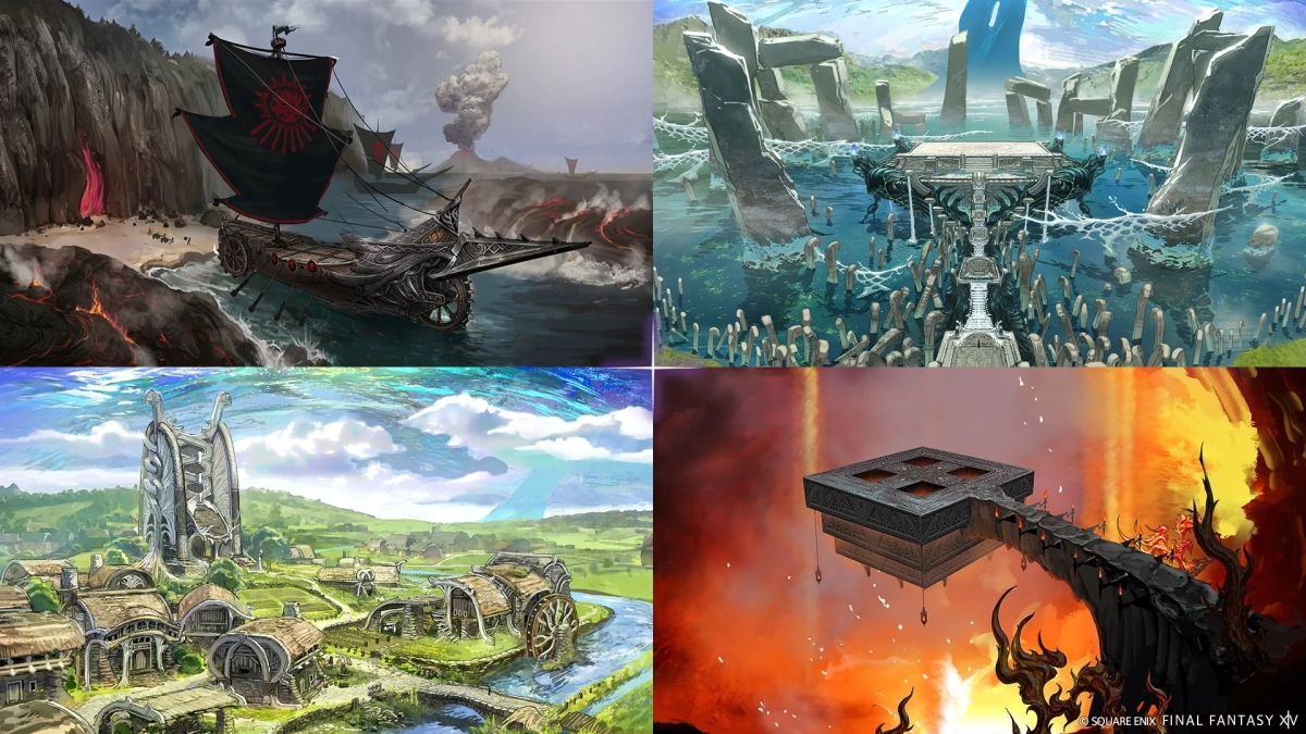 火山と船、水上の遺跡、のどかな村、そして燃え盛る地獄のような世界観が混在する、ファイナルファンタジーXIVの多様なファンタジー世界