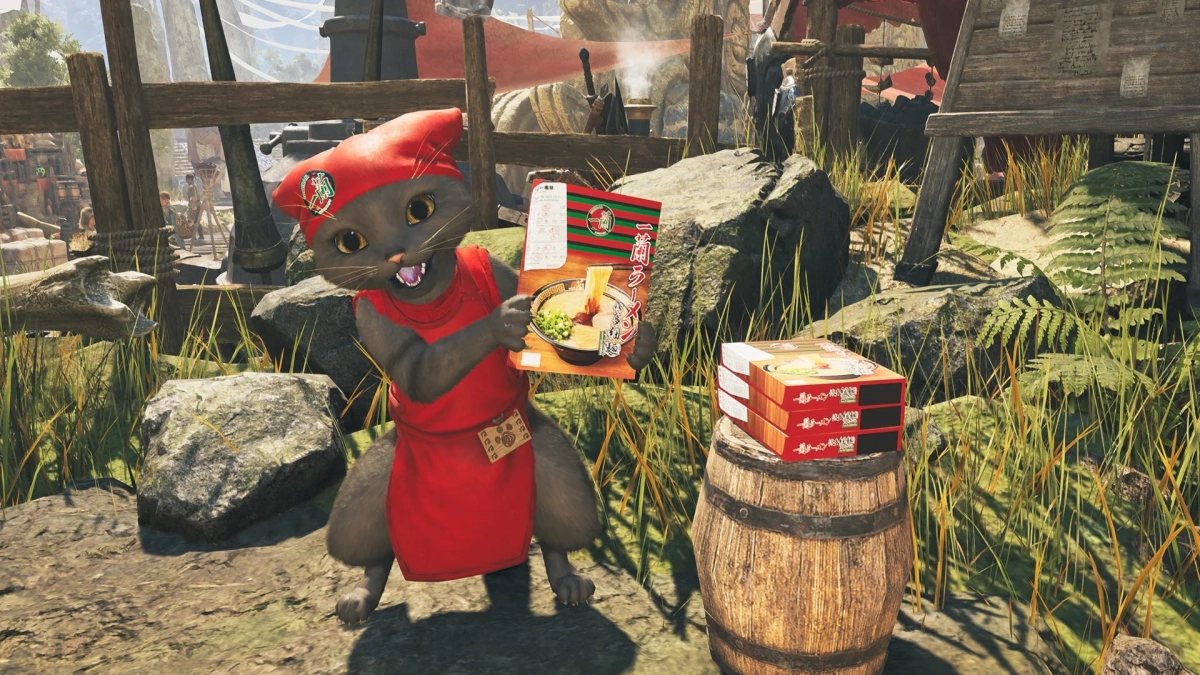 一蘭ラーメンのパッケージを持つアイルー