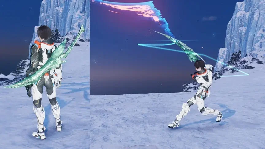 SFスーツのキャラクターと緑色の武器