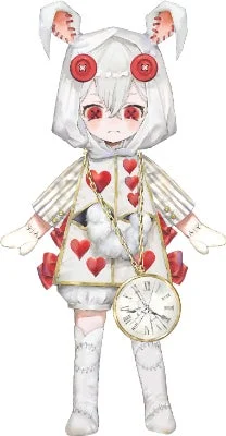 白いウサギのフードを被ったアニメ風のキャラクターの全身イラストです。赤いボタンの目と赤いハートの装飾が特徴的で、首からは懐中時計を下げています。アリスの世界観を思わせる可愛らしいデザインです。