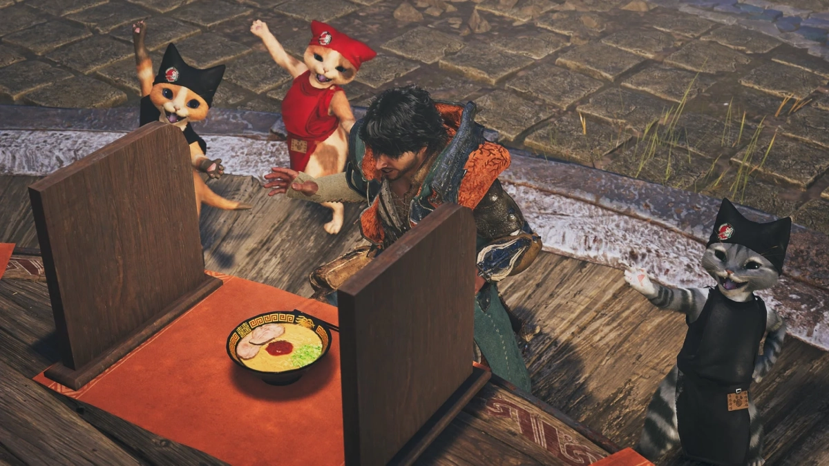 ハンターとアイルーが食事