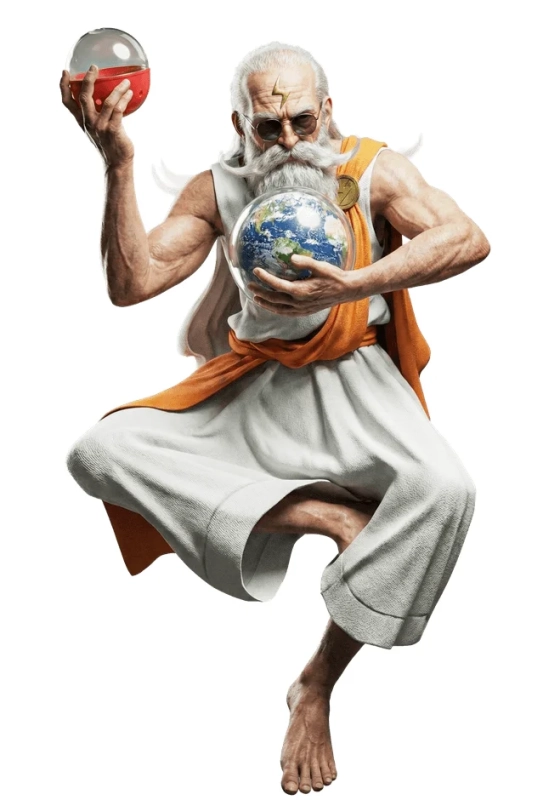 白い髭とサングラスをかけた老人が地球の模型と赤い液体が入ったカプセルを持っている