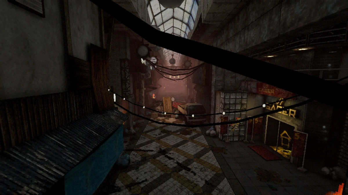 薄暗く荒廃した屋内通路