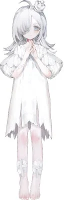 白い髪と白い服をまとった、儚げな少女のイラストです。両手を合わせて祈るようなポーズで、どこか神秘的で幻想的な雰囲気を醸し出しています。
