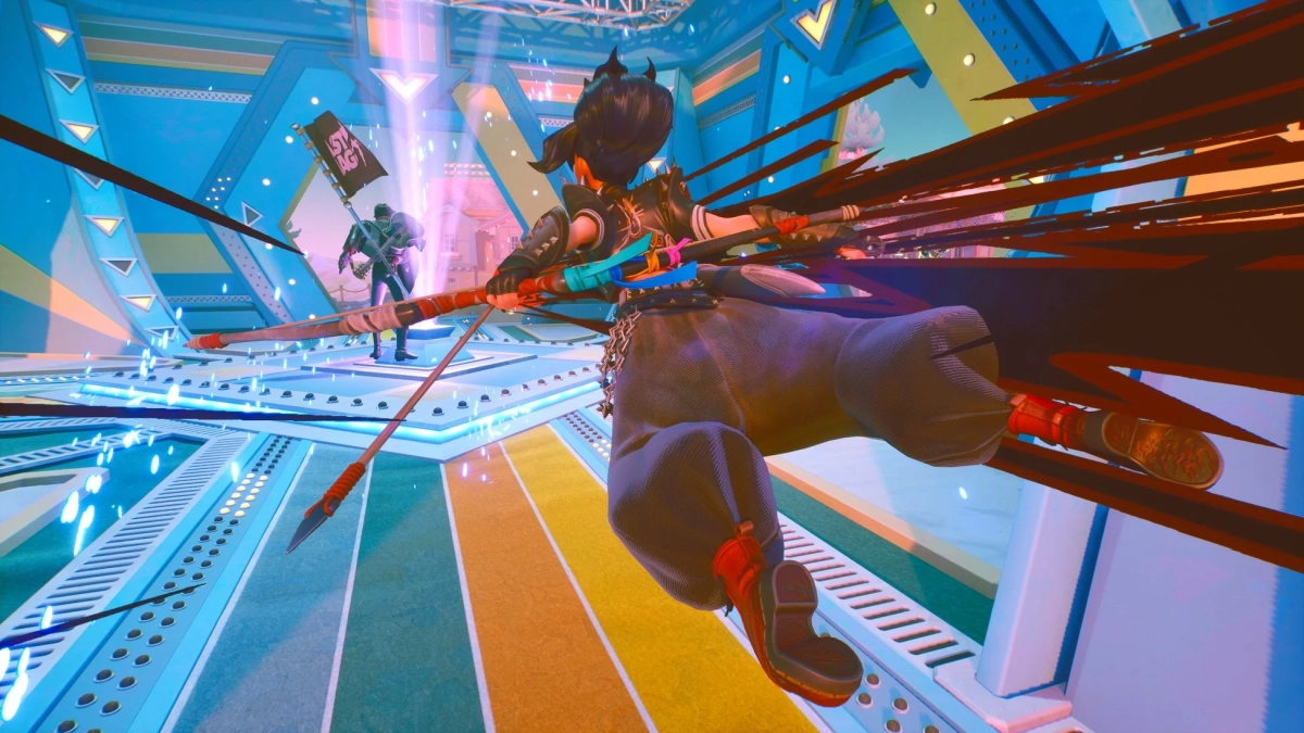 槍のような武器を持ったキャラクターが空中を舞う