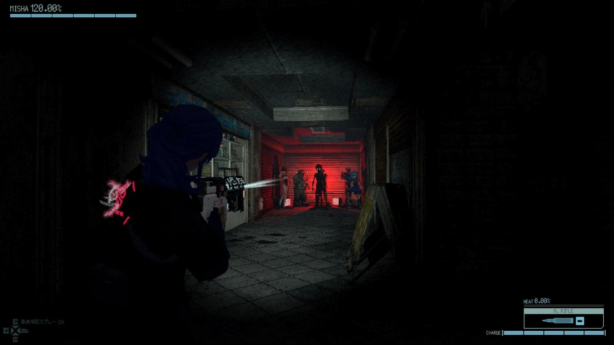 暗い通路で敵と対峙するキャラクターのゲーム画面