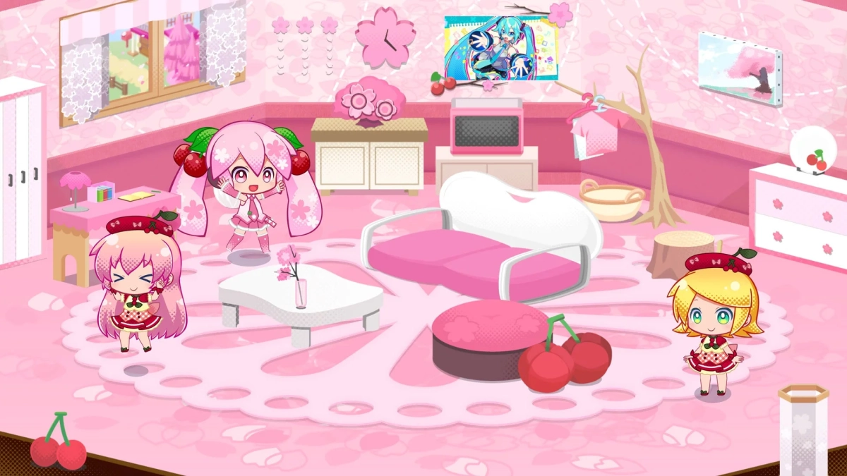 桜とピンクを基調とした可愛らしい部屋で、ちびキャラ化したボーカロイド風の3人の女の子
