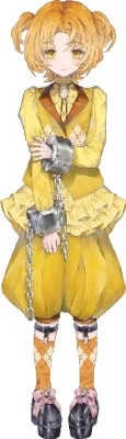 黄色い服を着たツインテールの少女のイラストです。彼女は手錠と鎖で繋がれており、どこか憂いを帯びた表情をしています。可愛らしい服装と拘束具の対比が印象的です。