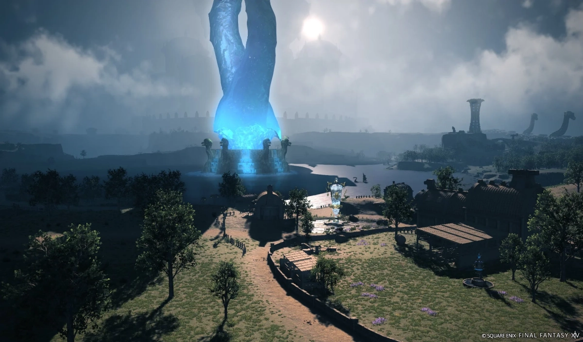 広大なファンタジーの世界が広がる風景。中央には巨大な青く輝くクリスタルがあり、その周囲には湖と小さな集落のような建物が見える