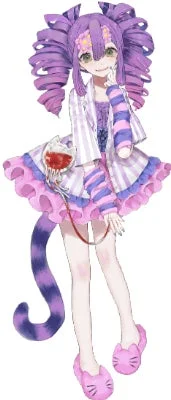 紫色の巻き毛のツインテールと猫耳を持つ少女のイラスト。ピンクと紫の縞模様の服に白衣を羽織り、フリルのスカートと猫型スリッパを着用している。手に赤い液体が入ったフラスコを持ち、チェシャ猫のような笑顔を浮かべている。