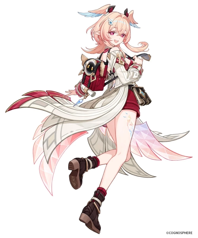 ピンク色の髪と獣耳、翼のような装飾を持つアニメスタイルの少女が、白いコートと赤い衣装を身につけ、バックパックを背負い笑顔でポーズをとっています。