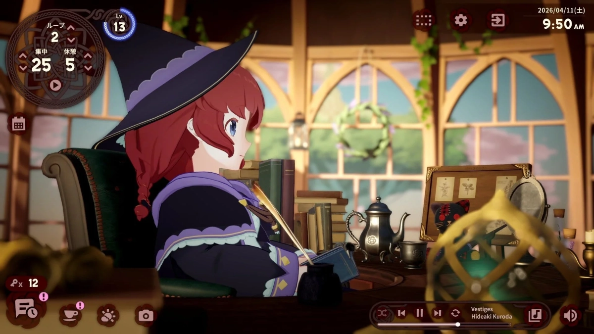 魔女がデスクで座っている、UIあり