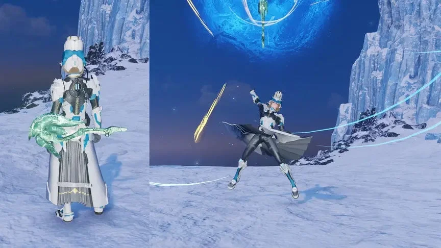 2体のキャラクターと光る武器