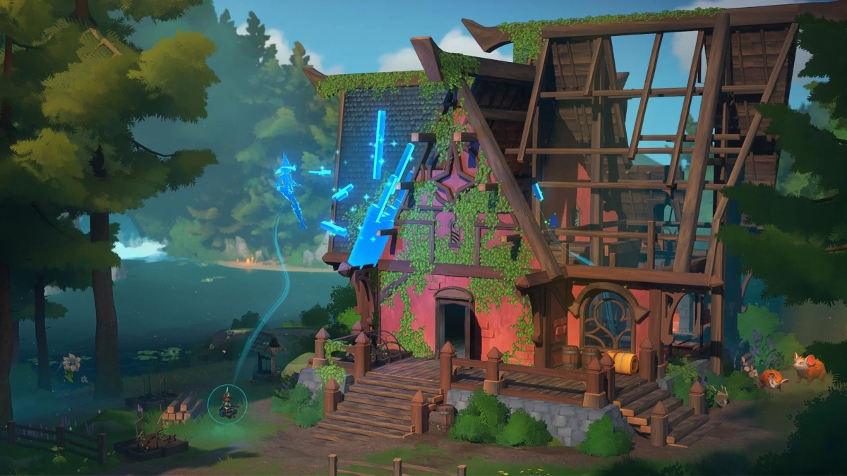 森と湖のほとりに建つ、一部が建築中のファンタジー風の家。