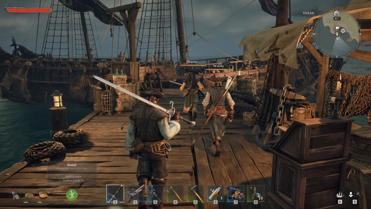 桟橋に停泊する船とキャラクター