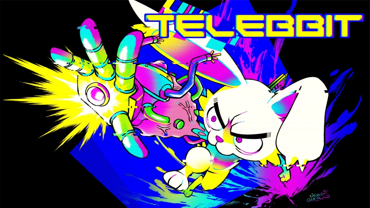 ネオンカラーとグリッチエフェクトが特徴的な、ウサギのようなキャラクターとロボットハンドがダイナミックに描かれたイラスト。サイバーパンクな雰囲気を持つ。