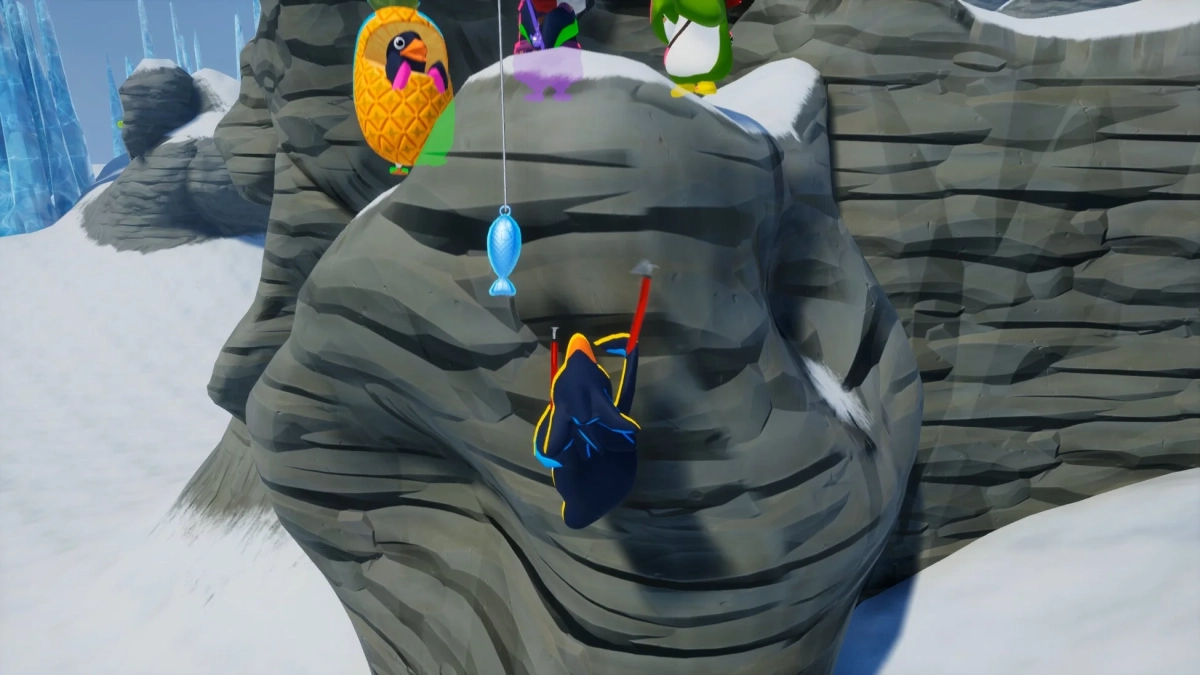 釣り竿で仲間を助けるペンギン