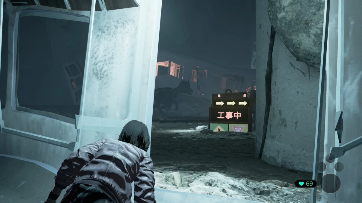 工事中看板と恐竜