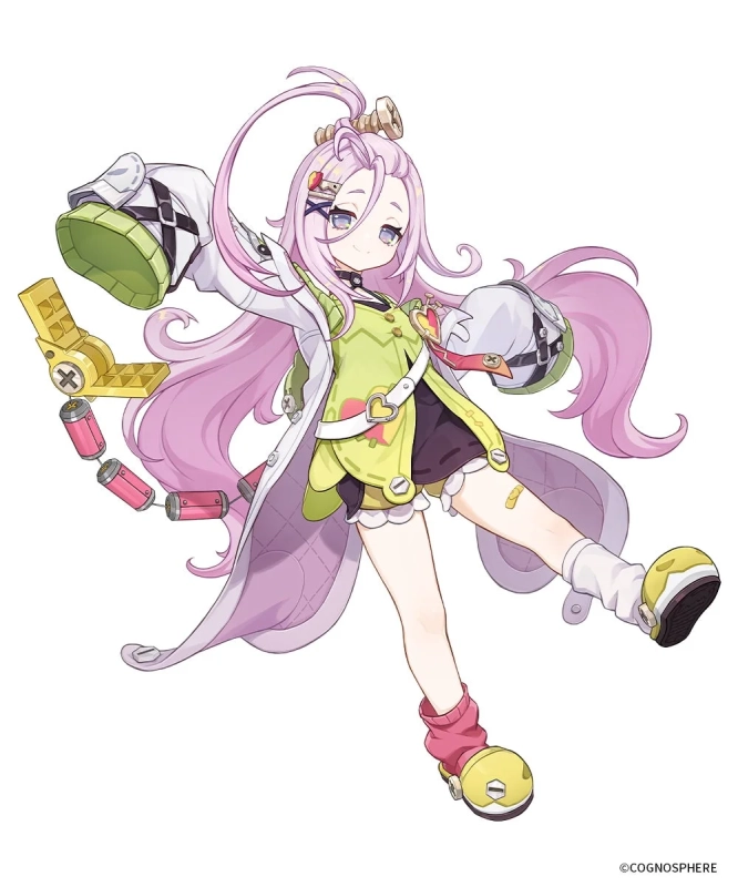 ピンク色の長い髪と白衣を身につけた、明るい表情のアニメスタイルの少女が描かれています。