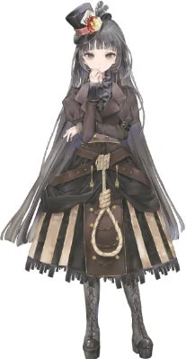 ダークな色合いのゴシックロリータ風の衣装を身につけた、黒髪の少女のイラストです。シルクハットを被り、スカートには吊るし縄のモチーフがあしらわれています。憂いを帯びた表情で、指を口元に添えるポーズをとっています。