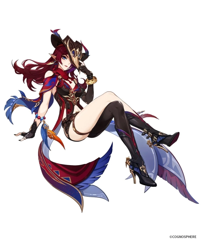 赤い長髪とエルフ耳を持つ女性キャラクターが、マスクを手に優雅に座っているイラストです。