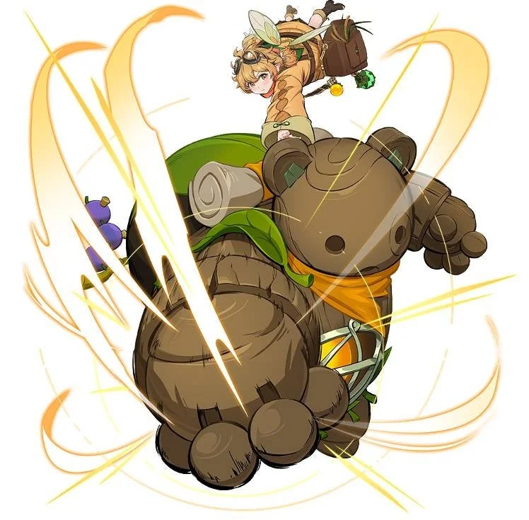 巨大な木製ゴーレムに乗った小さな妖精のようなキャラクターが描かれています。光のエフェクトが躍動感を加え、ファンタジーの世界観を表現した冒険的なイラストです。