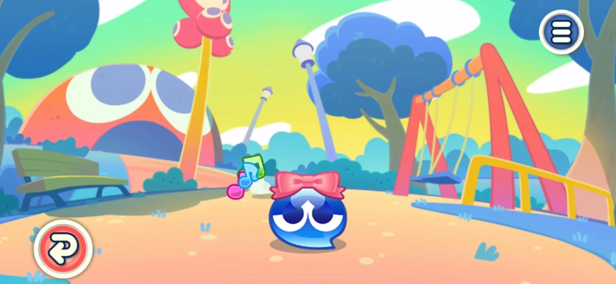 リボンをつけた青いぷよが公園にいる様子