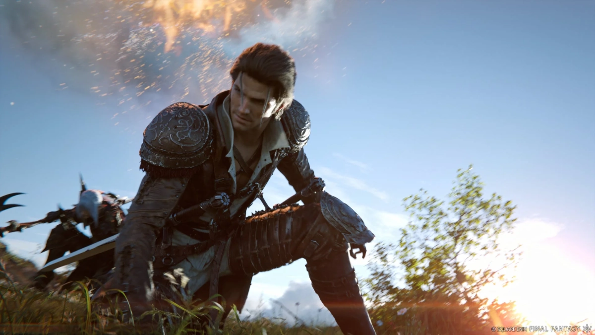 幻想的な甲冑を身につけた男性キャラクターが、夕焼け空の下、草原で身構えている