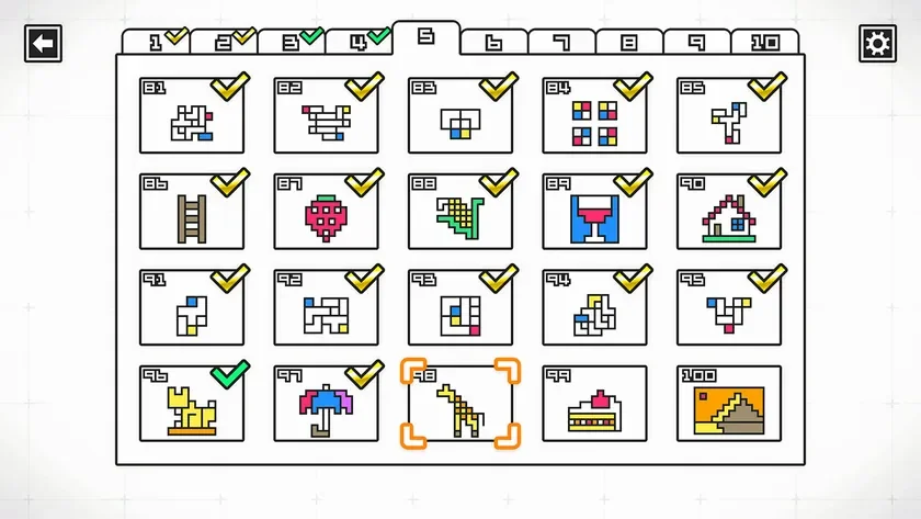 様々なピクセルアートのイメージがグリッド状に並べられた、ゲームのレベル選択画面のような画像