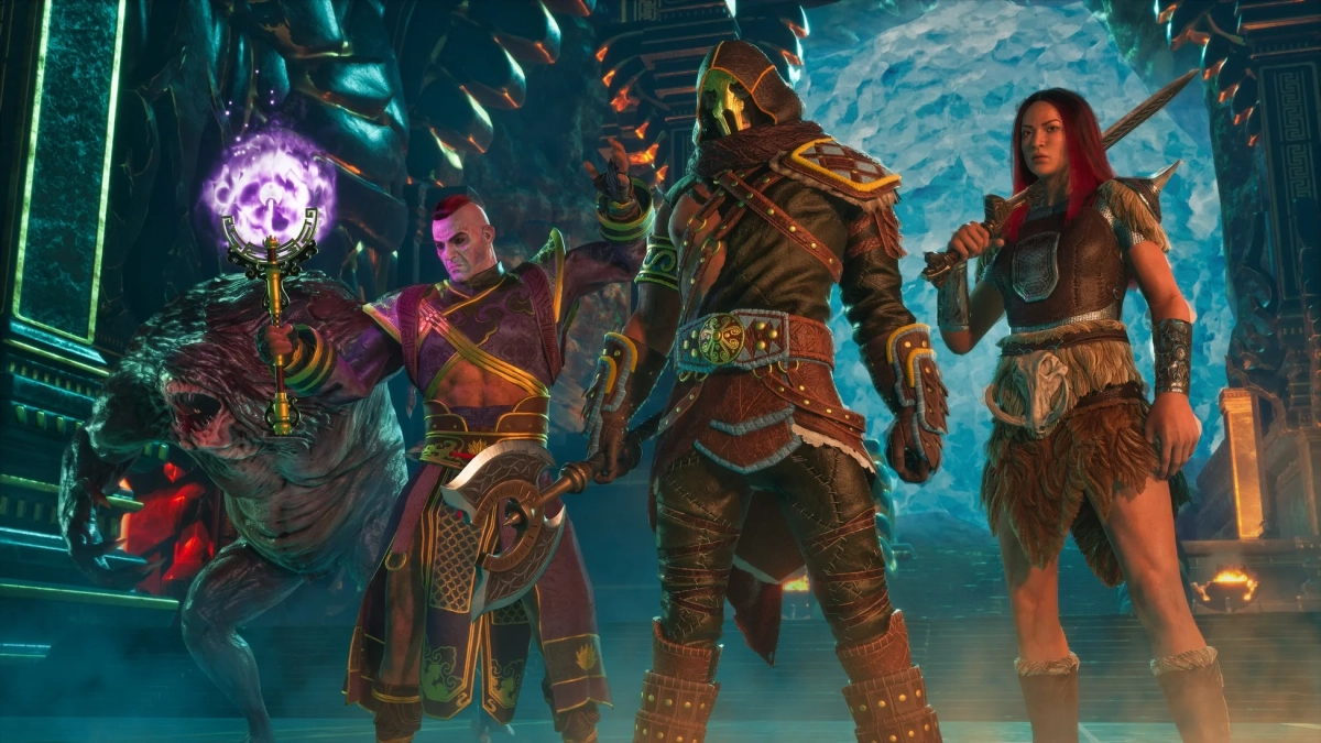 洞窟のような場所でポーズをとる4人のキャラクター