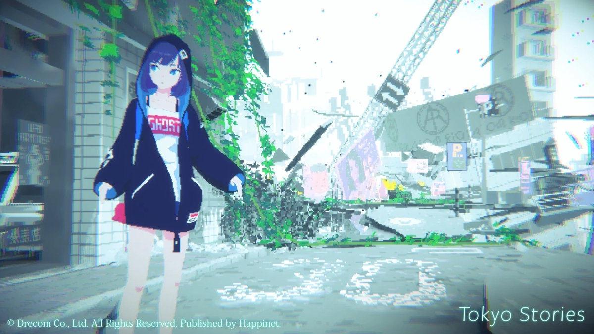 荒廃した都市に立つ青髪の少女