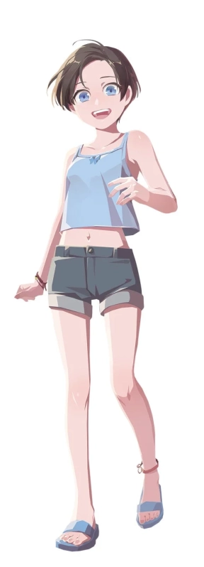 ショートヘアの少女が笑顔で立っているアニメイラスト