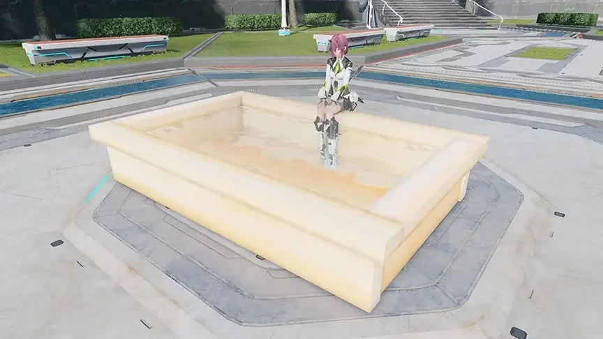 ピンク髪のキャラクターが座る