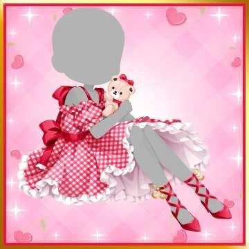 ギンガムチェックワンピースのキャラクターとテディベア
