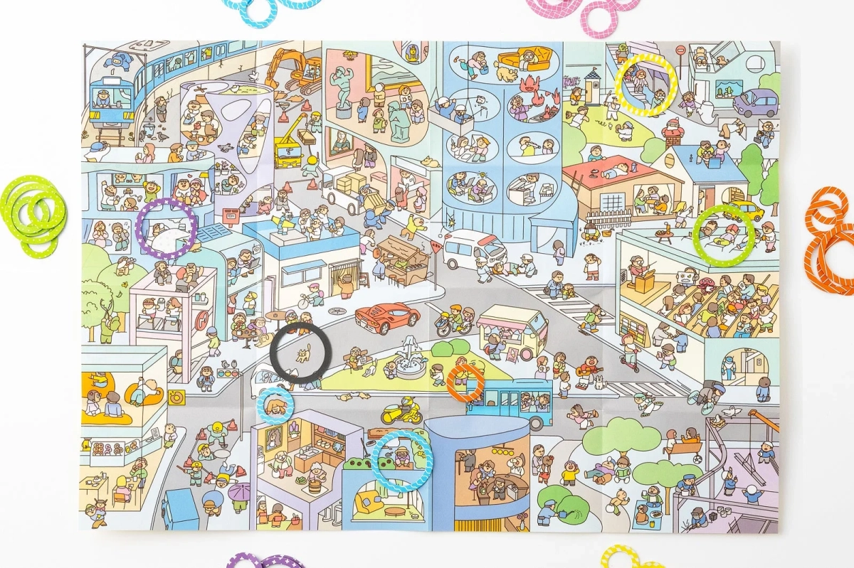 賑やかな街のイラストと輪っか