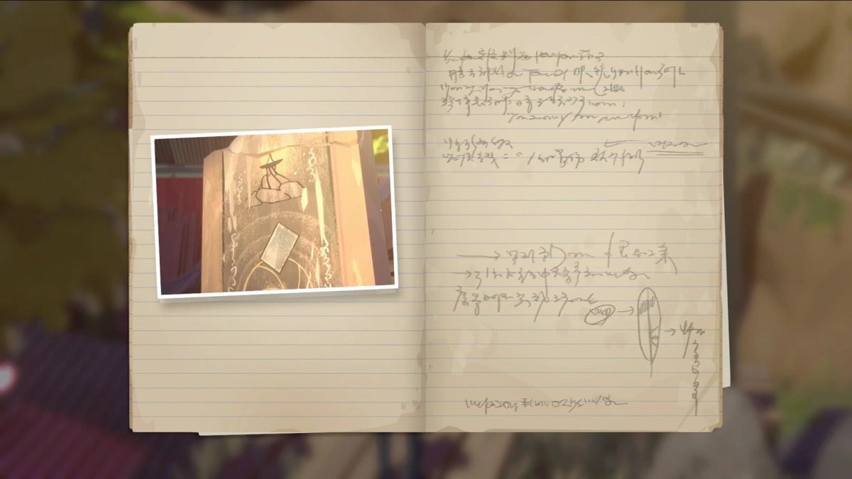 判読不能な手書きのメモが書かれたノートのページに、チェリーや抽象的なシンボルが描かれた金色の物体を写した写真が貼り付けられている