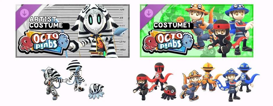 「OCTO pinbs」のキャラクターコスチュームを紹介する画像です。左側にはストライプ柄のアーティストコスチューム、右側には忍者や作業員風など複数のタコ・イカモチーフの衣装が展示されており、ゲーム内の多様なキャラクターデザインを示しています。